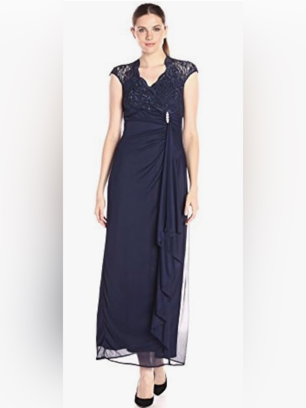 Onyx Nite Navy Lace-Appliqué Maxi Gown